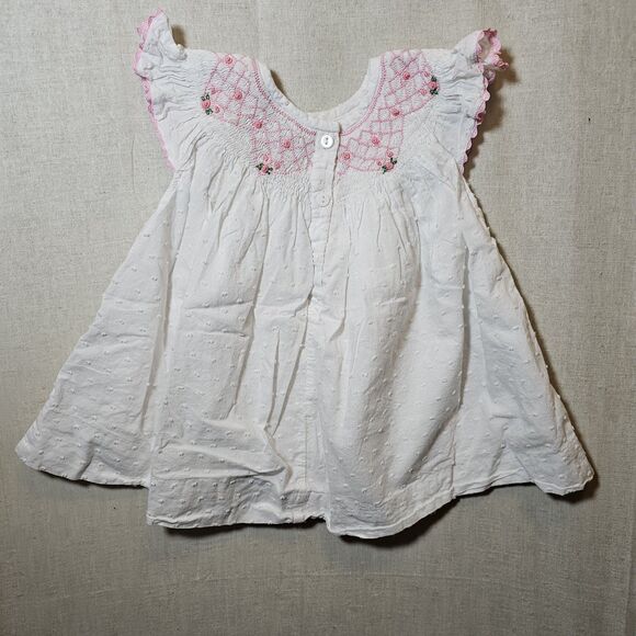 Sweet Southern Smock White Swiss Dot Pink Rose Smocking Ruffle Sleeve Girl 2T - Picture 4 of 9